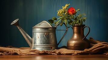 nog steeds leven met droog bloemen en oud gieter kan. ai gegenereerd foto