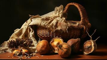 nog steeds leven met rieten mand en droog fruit. herfst tijd. ai gegenereerd foto