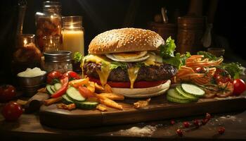 cheeseburger met brood, ui, groente, barbecue, versheid gegenereerd door ai foto