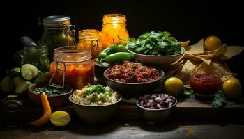 versheid Aan een houten tafel gezond salade, biologisch ingrediënten, vegetarisch maaltijd gegenereerd door ai foto