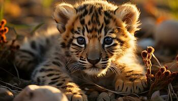 een schattig jong tijger welp staren, schoonheid in natuur Gevaar gegenereerd door ai foto