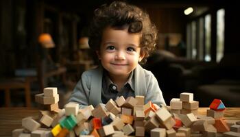 een schattig, glimlachen kleuter spelen met speelgoed- blokken binnenshuis gegenereerd door ai foto