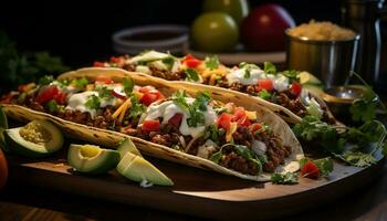 een heerlijk Mexicaans maaltijd met gegrild vlees, vers groenten, en guacamole gegenereerd door ai foto