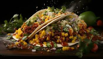 versheid en smaak Aan een bord gegrild rundvlees taco met guacamole gegenereerd door ai foto