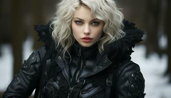 blond haren Kaukasisch vrouw, in de mode, elegantie, winter, sensualiteit, leer jasje, glimlachen gegenereerd door ai foto