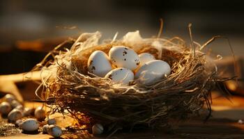 viering van nieuw leven schattig dier nest, vers eieren gegenereerd door ai foto