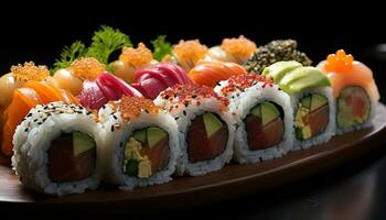 versheid Aan een bord zeevruchten, maki sushi, en gezond aan het eten gegenereerd door ai foto