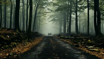 het rijden door de mistig Woud, een mysterieus herfst avontuur wacht gegenereerd door ai foto