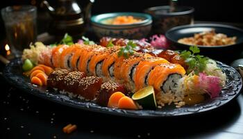 vers zeevruchten bord, sushi variatie, gezond aan het eten, Japans cultuur, dining ervaring gegenereerd door ai foto