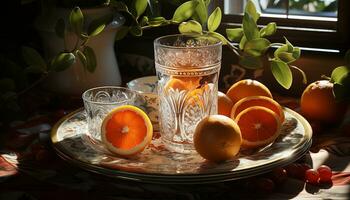 vers oranje plak Aan houten tafel, een verfrissend zomer drinken gegenereerd door ai foto