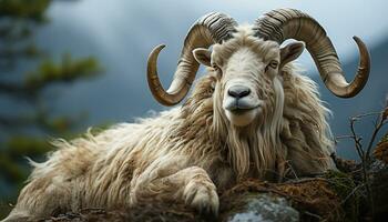 een majestueus grote hoorn schapen schaafwonden in de rustig alberta weide gegenereerd door ai foto