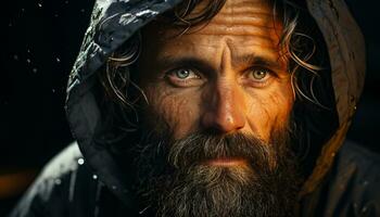 een nat Mens met een baard op zoek Bij camera in regen gegenereerd door ai foto