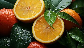 versheid van citrus fruit, nat blad, gezond aan het eten in natuur gegenereerd door ai foto