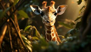 giraffe in de wild, op zoek schattig, omringd door groen gras gegenereerd door ai foto