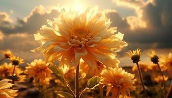 een levendig weide van multi gekleurde bloemen in de zomer zonsondergang gegenereerd door ai foto