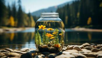 rustig tafereel zonovergoten Woud weerspiegelt Aan vredig berg water gegenereerd door ai foto