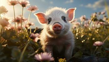 schattig big schaafwonden Aan groen weide, omringd door mooi bloemen gegenereerd door ai foto