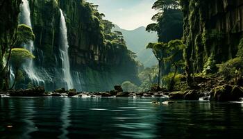 rustig tafereel vloeiende water, majestueus berg, groen Woud, reflecterend lucht gegenereerd door ai foto