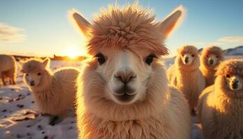 schattig alpaca begrazing in de weide, genieten van de mooi zonsondergang gegenereerd door ai foto