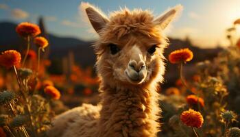 schattig alpaca begrazing in de weide, genieten van de mooi zonsondergang gegenereerd door ai foto