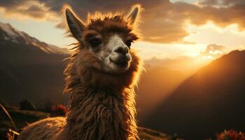 alpaca begrazing in de weide, genieten van de mooi zonsondergang gegenereerd door ai foto