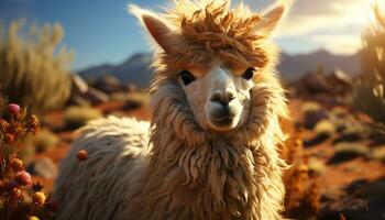 schattig alpaca begrazing Aan een weide, genieten van de zomer zonsondergang gegenereerd door ai foto