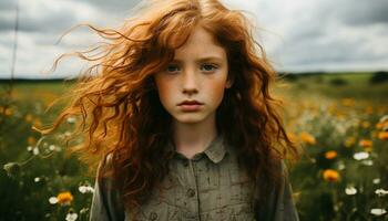 een mooi jong vrouw met lang bruin haar- in een weide gegenereerd door ai foto