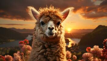 schattig alpaca begrazing Aan een boerderij, genieten van de mooi zonsondergang gegenereerd door ai foto