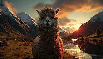alpaca begrazing Aan berg weide, wollig vacht onder zonsondergang lucht gegenereerd door ai foto