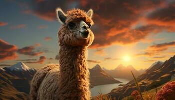 alpaca boerderij, zonsondergang landschap, zoogdier op zoek Bij camera, wol avontuur gegenereerd door ai foto