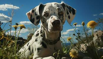 een schattig puppy zittend in de gras, genieten van de zonlicht gegenereerd door ai foto