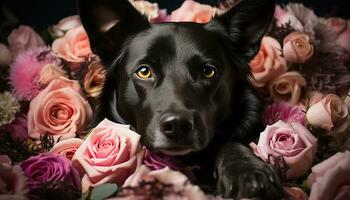 schattig puppy zittend met een roze bloem, zuiver liefde en schoonheid gegenereerd door ai foto