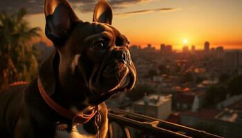 een schattig Frans bulldog zittend in de zonsondergang, speels en pret gegenereerd door ai foto