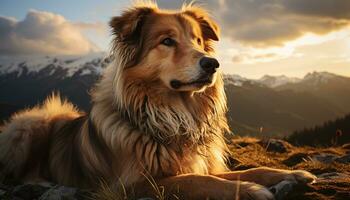 schattig puppy zittend Aan gras, op zoek Bij mooi zonsondergang gegenereerd door ai foto