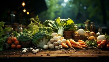 vers groenten Aan een rustiek houten tafel, gezond en biologisch gegenereerd door ai foto