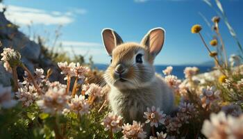 schattig konijn zittend in gras, genieten van lente weide gegenereerd door ai foto