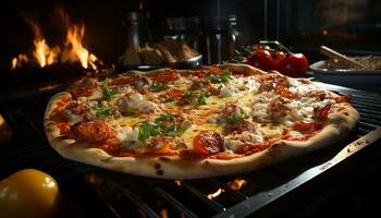 versheid en warmte creëren fijnproever pizza in rustiek pizzeria gegenereerd door ai foto