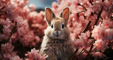 schattig pluizig konijn zittend in lente gras, omringd door bloemen gegenereerd door ai foto