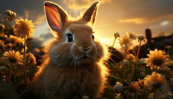schattig konijn zittend in weide, op zoek Bij zonsondergang gegenereerd door ai foto