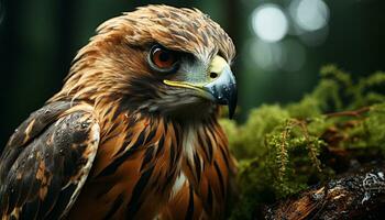 majestueus vogel van prooi neerstrijken Aan tak, staren fel gegenereerd door ai foto