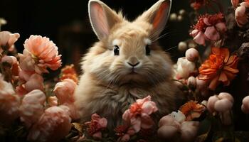 schattig baby konijn zittend in gras, omringd door bloemen gegenereerd door ai foto