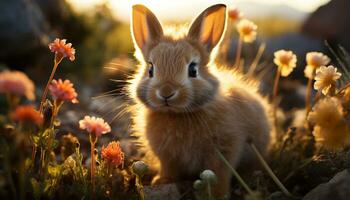 pluizig baby konijn zittend in groen weide, genieten van natuur gegenereerd door ai foto