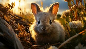 schattig konijn zittend in gras, genieten van natuur schoonheid gegenereerd door ai foto