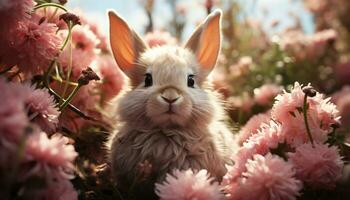 schattig baby konijn zittend in gras, omringd door bloemen gegenereerd door ai foto