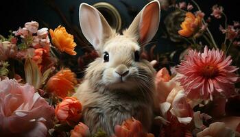 schattig konijn zittend in gras, omringd door kleurrijk bloemen gegenereerd door ai foto