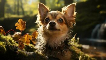 schattig puppy zittend in gras, op zoek Bij camera, genieten van natuur gegenereerd door ai foto