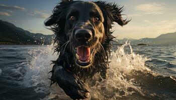 schattig puppy spatten in water, zuiver vreugde en geluk gegenereerd door ai foto