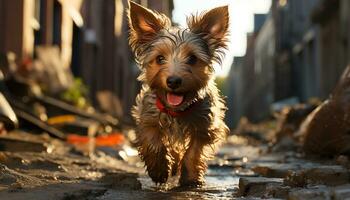 schattig puppy spelen buitenshuis, op zoek Bij camera, genieten van zomer pret gegenereerd door ai foto