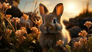 schattig konijn zittend in gras, genieten van de zonsondergang buitenshuis gegenereerd door ai foto