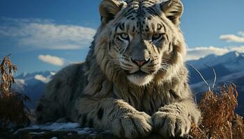 majestueus tijger in sneeuw, staren met rustig sterkte gegenereerd door ai foto